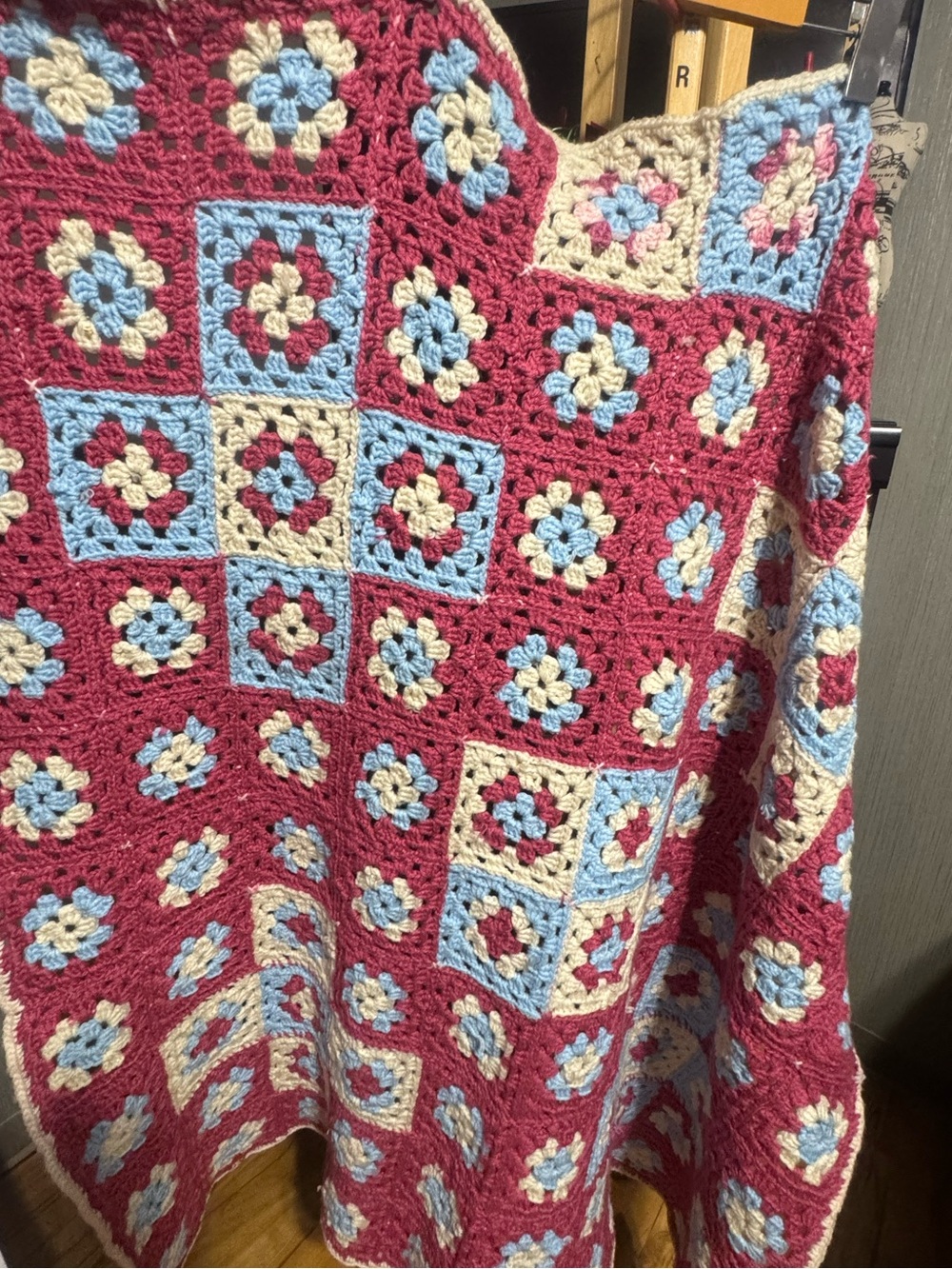Handmade Crochet Granny Square Throw Blanket 50" x 48" Berry Blue Cream